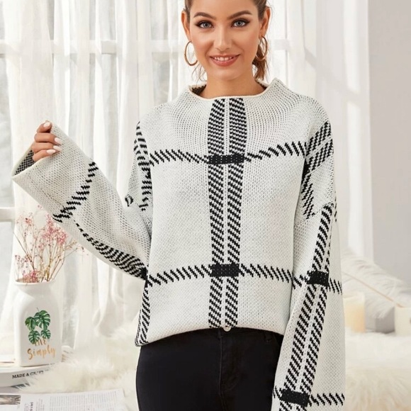 Mockneck Drop Shoulder Plaid Sweater 